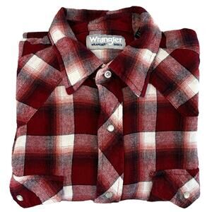 Wrangler Wrancher Shirt Men's Large Red Plaid‎ Pearl Snap Button Up Long Sleeves
